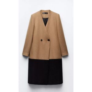 Camel Brown Black Zara Wool-Blend Double Breasted V-Neck Long Sleeve Coat (NWT)